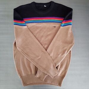 Vintage 70s OP Men's Tan Black Multi Color Stripe Knit Sweater Crew Neck Large
